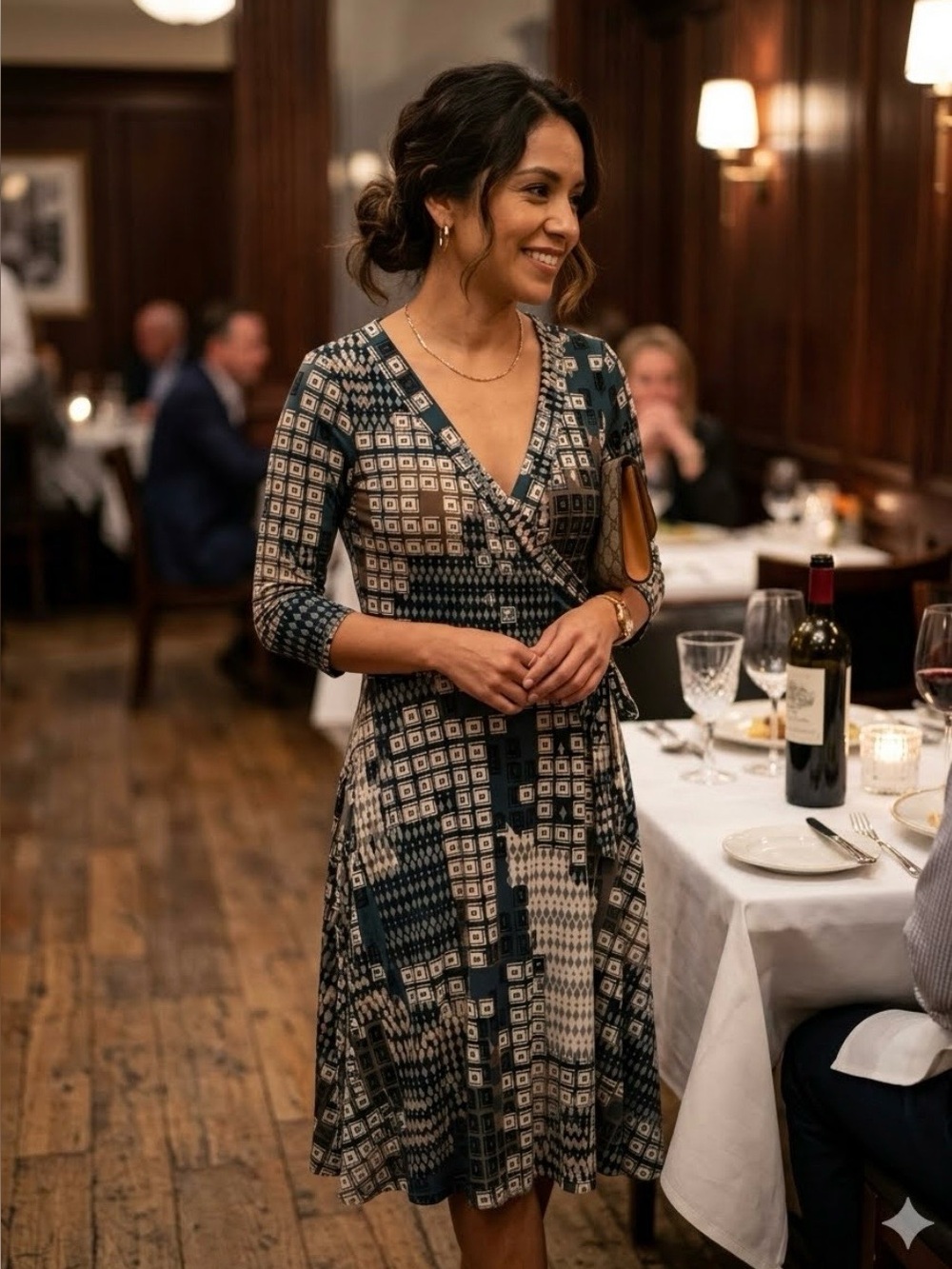 Maude Black Grey & Cream Geometric Midi Wrap Dress 3/4 Sleeve Evening Cocktail